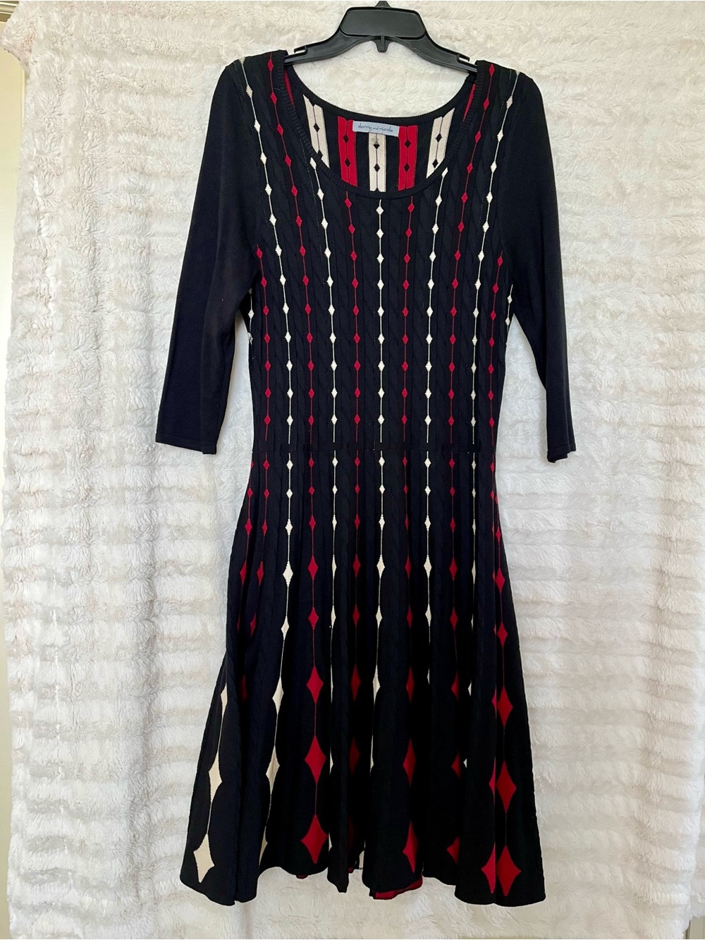 Danny & Nicole Black Knit Dress with Red & Cream Diamond Pattern (Size L)